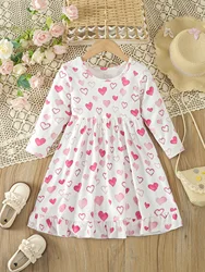 Valentine's Day Kids Girls Dress Cute Baby Girls Heart Print Long Sleeve Dress Ruffle Trim Girls Dress Kids Girls Clothes