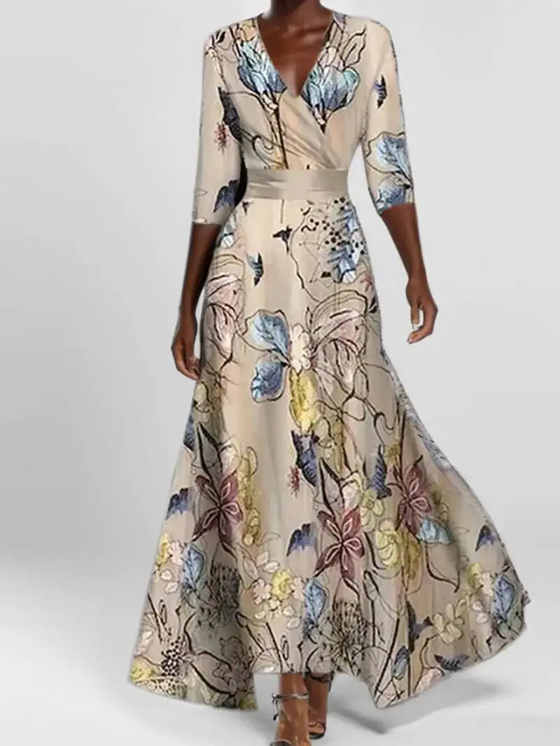 夏の女性のファッション V ネックベルト付きパーティーロングドレスセクシーな印刷自由奔放に生きるマキシドレス半袖ポケット Femlae ホリデー RXJ8