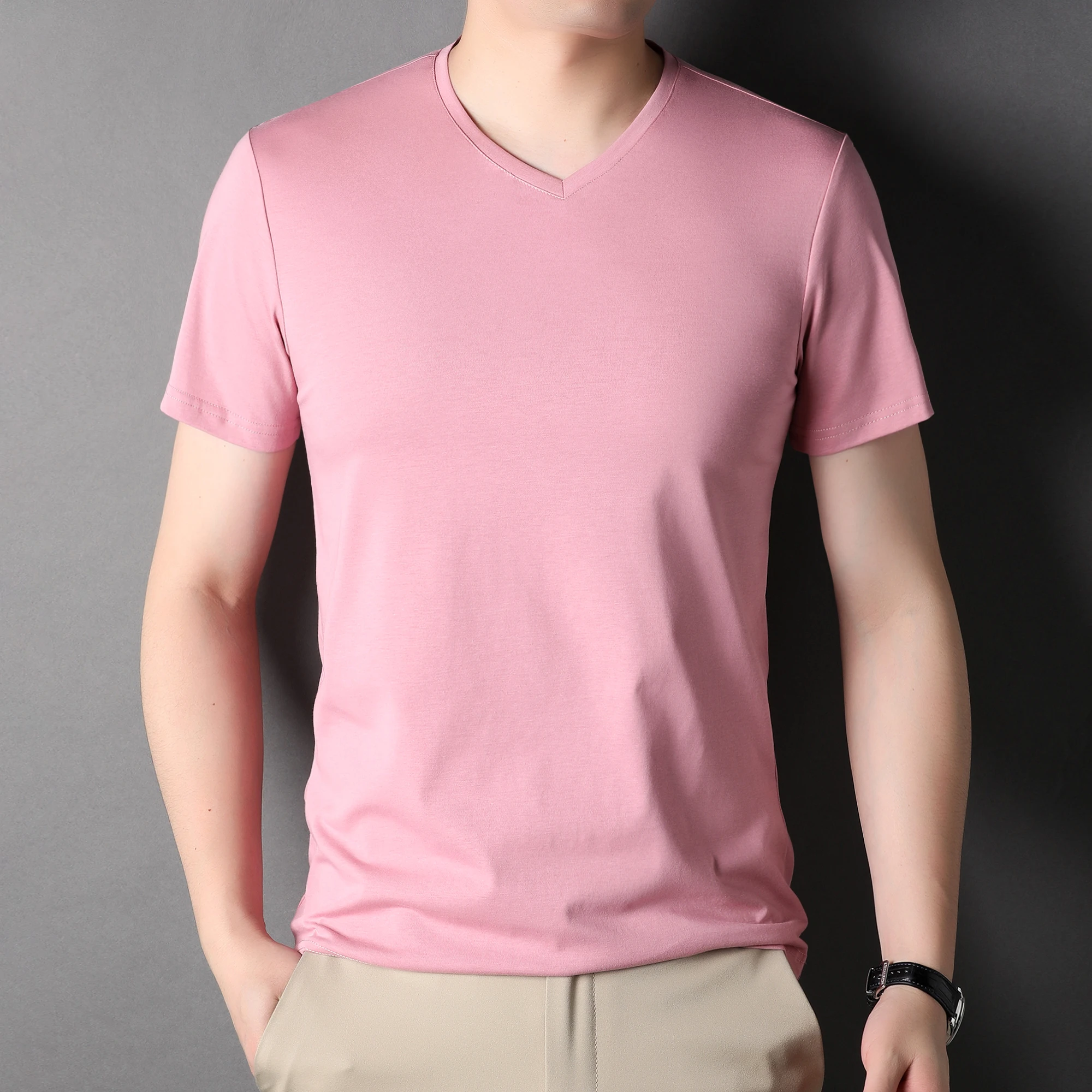 Men\'s Mulberry Silk Tees Summer 2023 Casual Plain V-Neck Smooth Tops Shor Sleeve Male Silk Cotton Tee Shirts