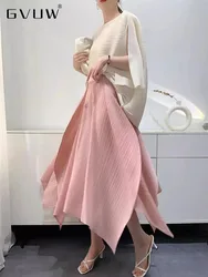 GVUW Pleated Irregular Skirt Women A Line Elastic Waist New 2024 Solid Color New Loose Elegant Lady Versatile Skirts 17G7241