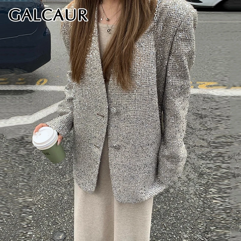 GALCAUR Casual Basic Blazer Donna Scollo a V Manica lunga Patchwork Monopetto Temperamento Paillettes Cappotto firmato Abbigliamento femminile