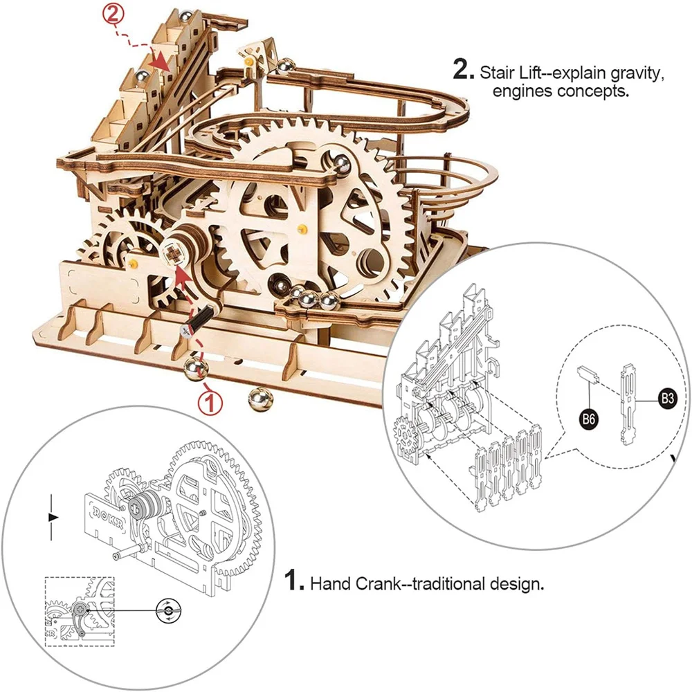 Robotime Rokr Hand Cranked Marble Run Wooden Model Kits DIY Waterwheel Wooden Model Building Block Kits for Children Adult