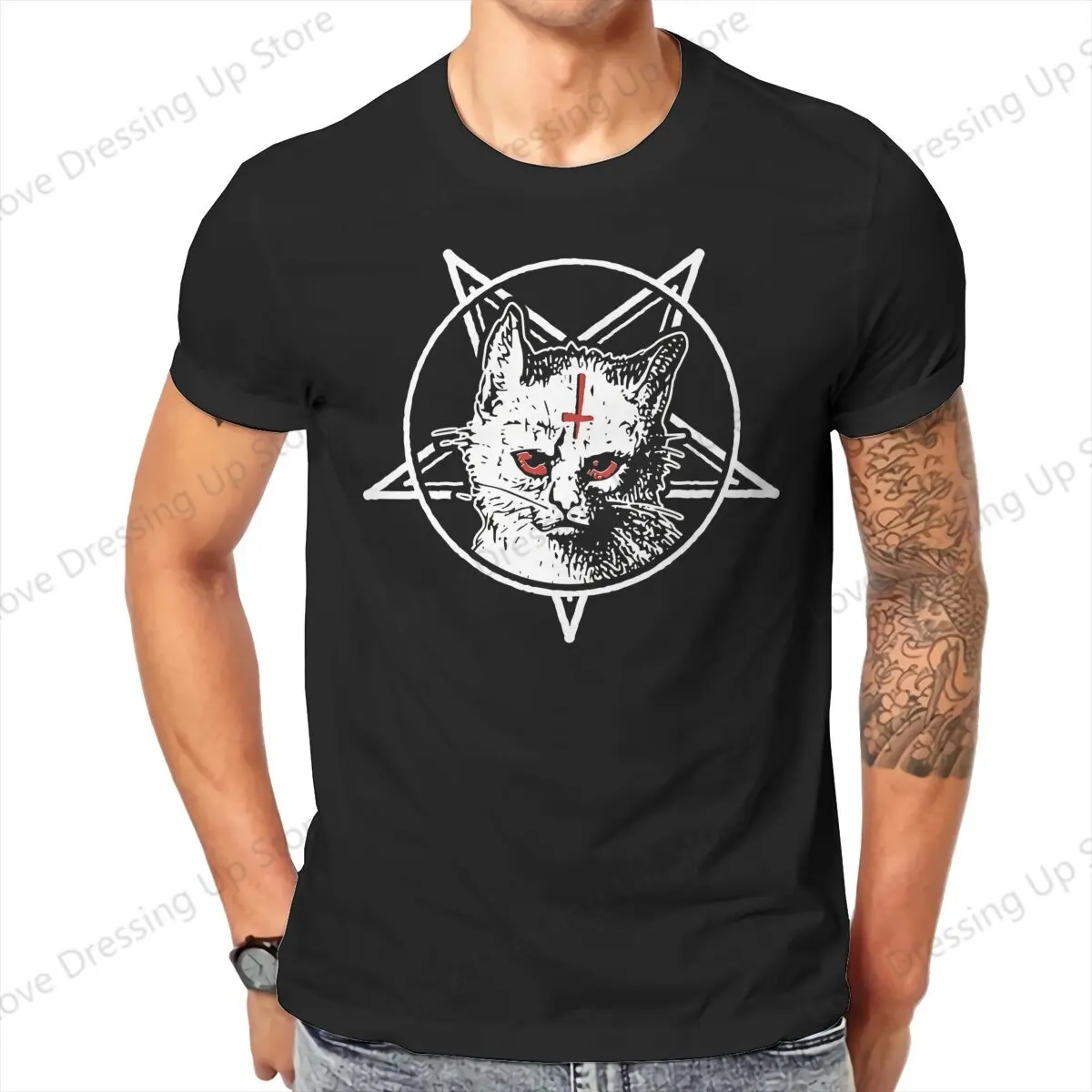 Dark Goth Cat With Pentagram Occult Satanic Black Metal Cat T Shirt Punk O-Neck COTTON  Tops