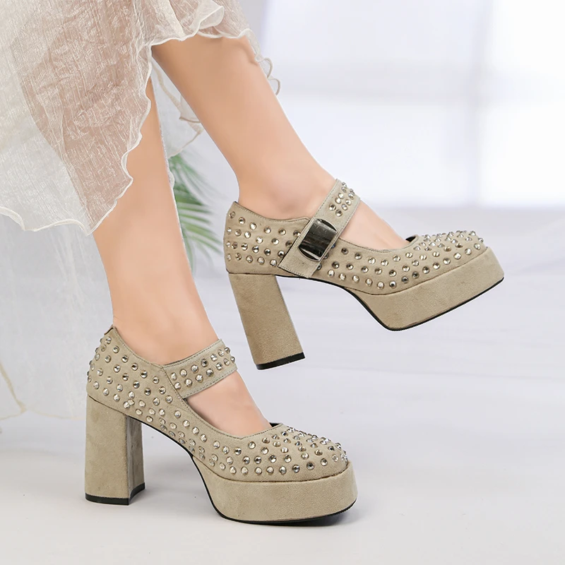 

Женские замшевые туфли на высоком каблуке с круглым носком и стразами на блочном каблуке, не уставшие туфли на платформе и высоком каблуке