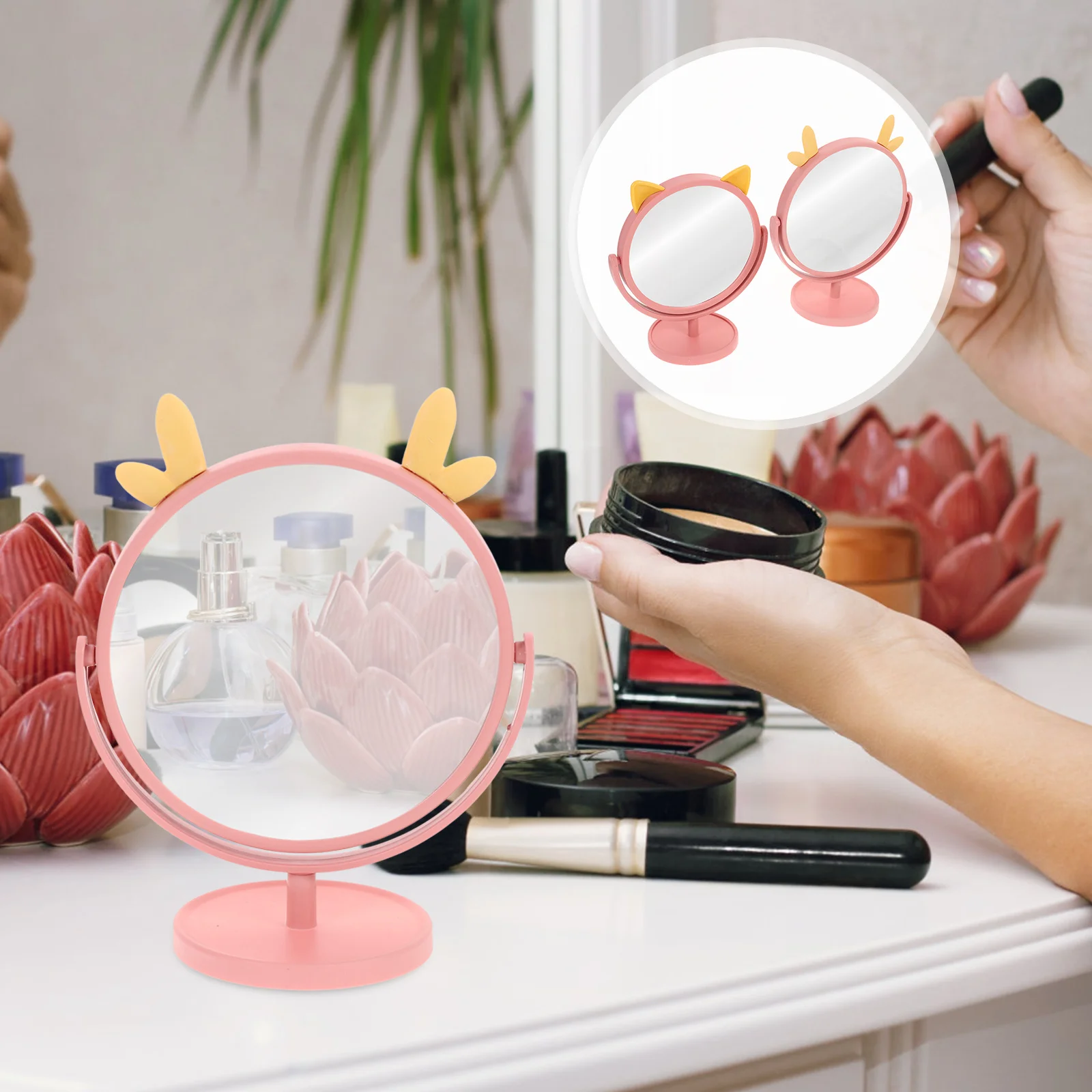 

2Pcs Desktop Makeup Mirror Cartoon Design High Definition Reflection Portable Small Mirror for Girls Women Travel Desk
