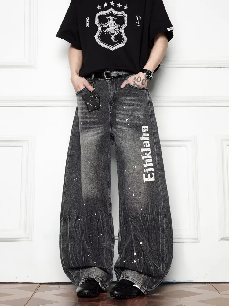 2025 Cyber Y2K Streetwear Ink Letter Printed Baggy New Jeans Pants For Men Clothing Harajuku Wide Leg Vintage Grey Long Trousers