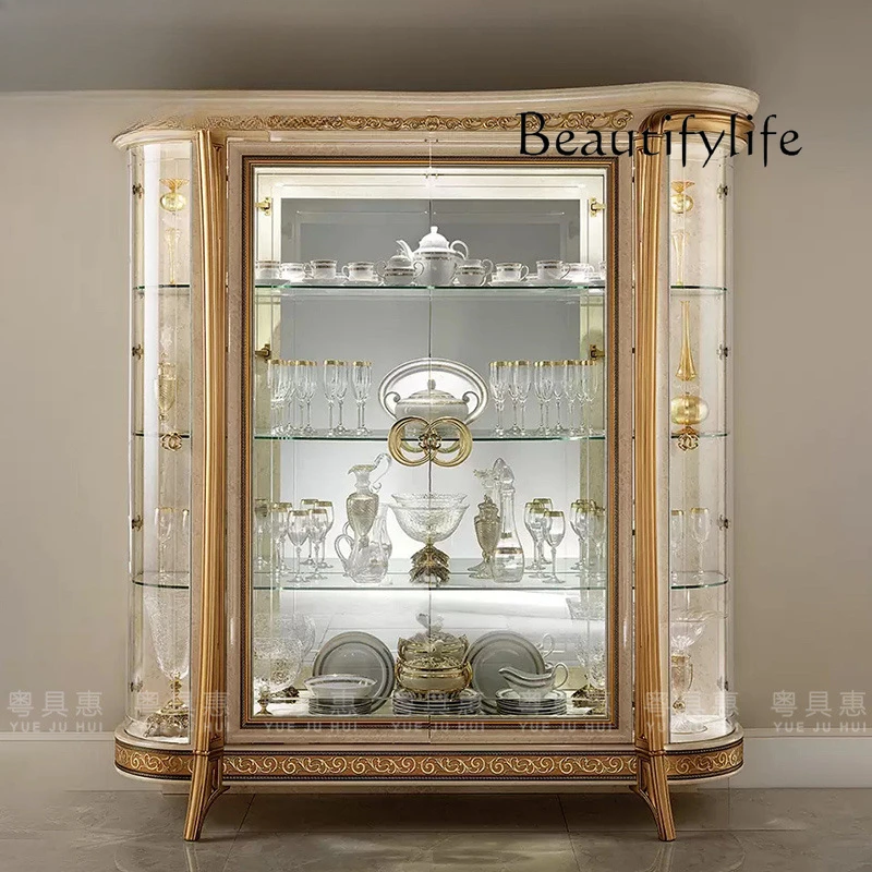 

European solid wood carving flower double door glass wine cabinet French neoclassical restaurant side cabinet wine cabinet