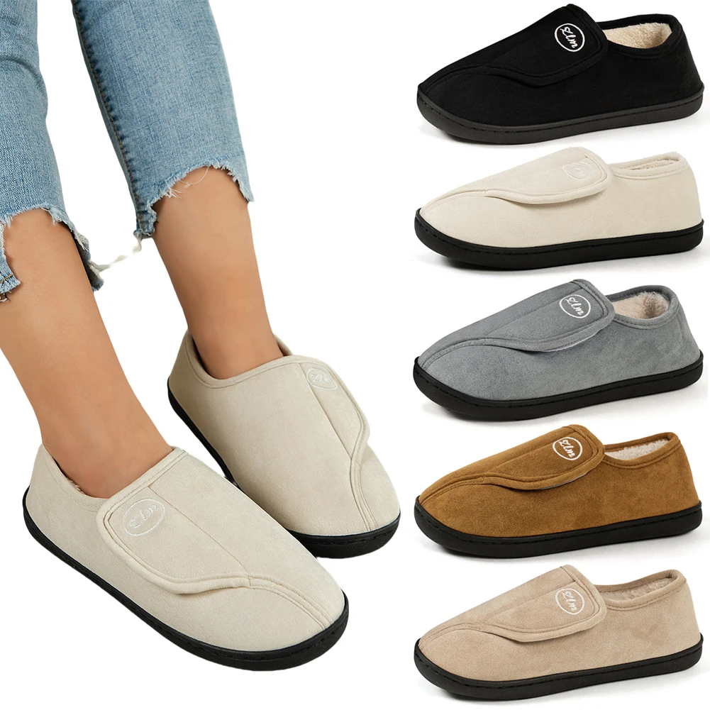 Flat Slippers for Men Suede Leather Non-Slip House Shoes Comfy Warm Plush Slip-on Shoes Indoor/Outdoor for Diabetic Swollen Feet
