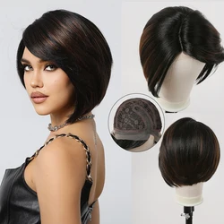 Short Pixie Cut Bob Lace Front Synthetic Wigs Black Highlight Brown Hair Side Part Lace Afro Wig For Women Daily Heat Resistant