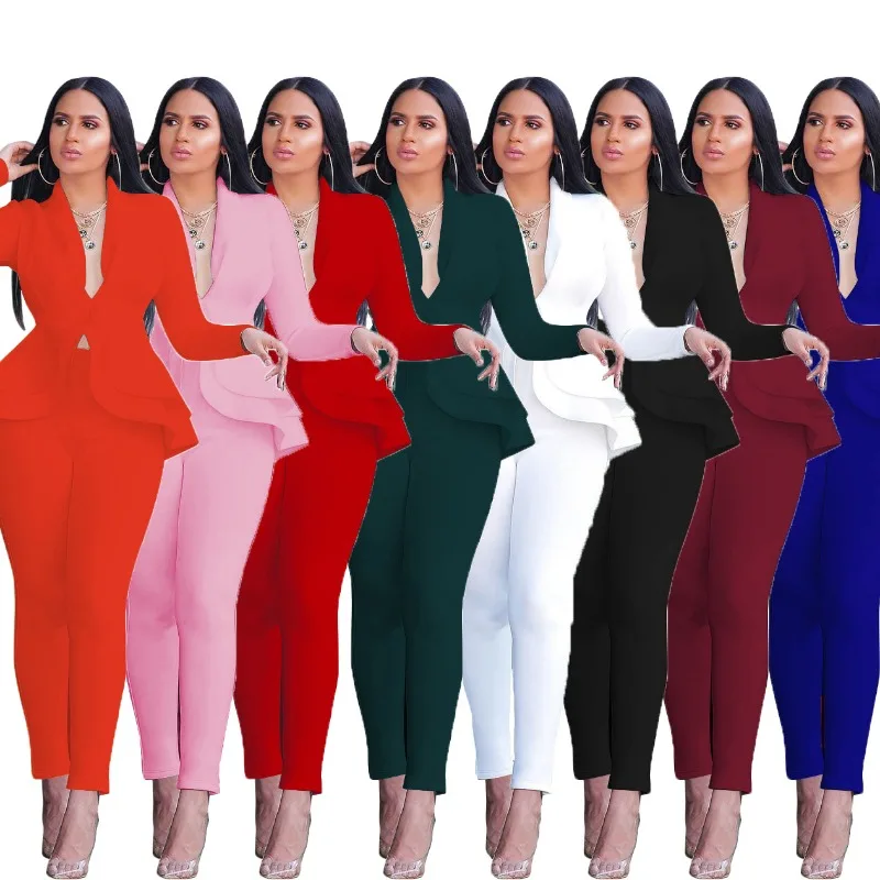 New Women Winter Women's Set Tracksuit Full Sleeve Ruffles Blazers Pencil Pants Suit Two Piece Set Office Lady Outfits Uniform