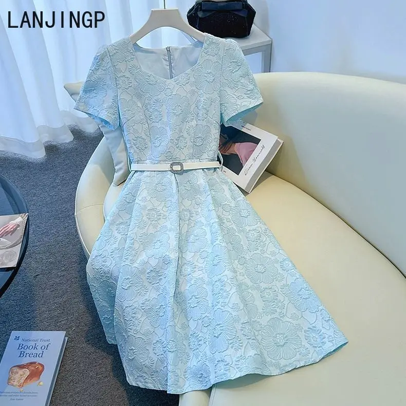 

Blue dress 2025 new women's summer high-end sense waist short-sleeved skirt vestido vintage dress
