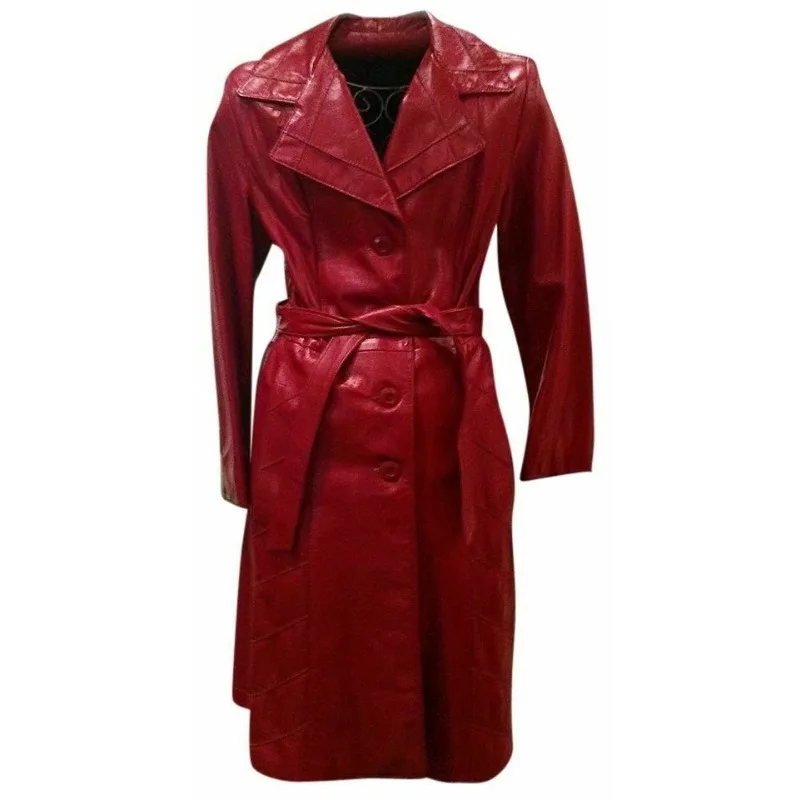 

Women Genuine Lambskin Leather Long Trench Coat Overcoat Button Red Belt Jacket