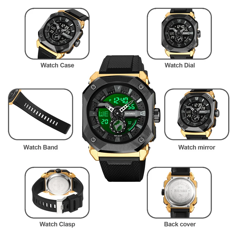 Skmei Digital Analog Display Mens Sports Watches Three Time Zone LED Light Alarm Clock Quartz Waterproof Electronical Wristwatch