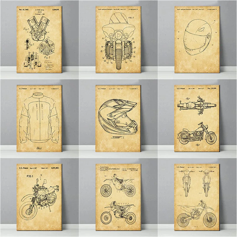 Motorcycle Patent Racing Blueprint Speed Changing Mechanism Invention Poster Wall Art Pictures Canvas Painting Room Home Decor