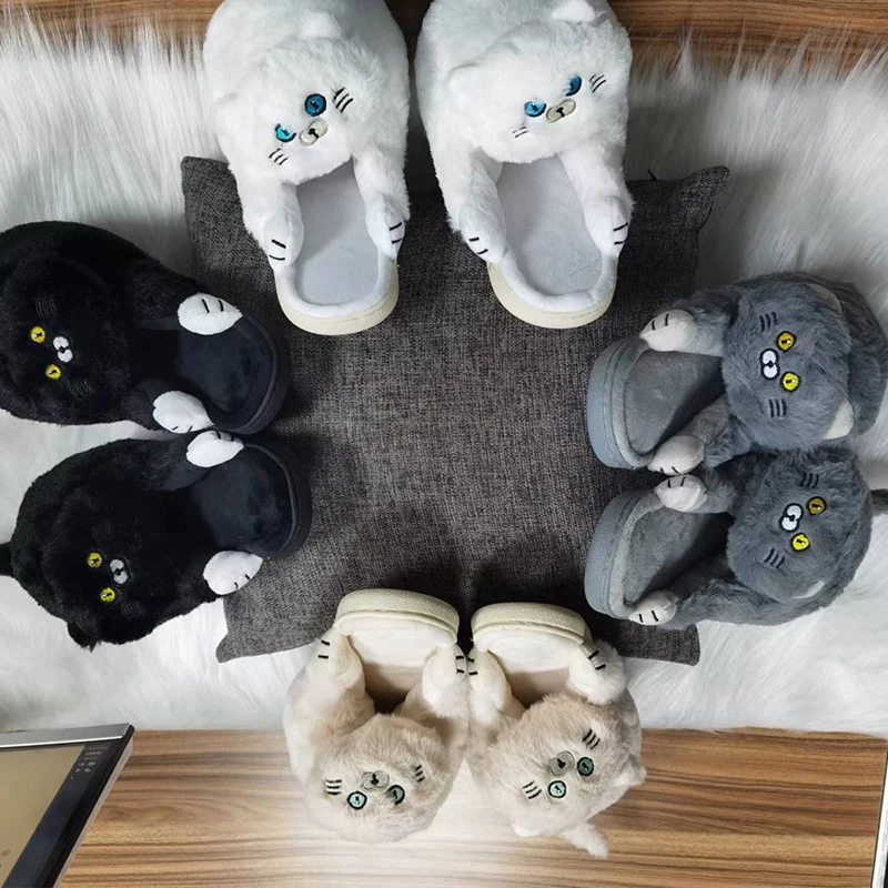 Footsie Cat Slippers Women\'s Winter Warm Shoes Free Shipping Funny Kitty Animal Slides Woman Fluffy Fur Mules Birthday Gift Toys