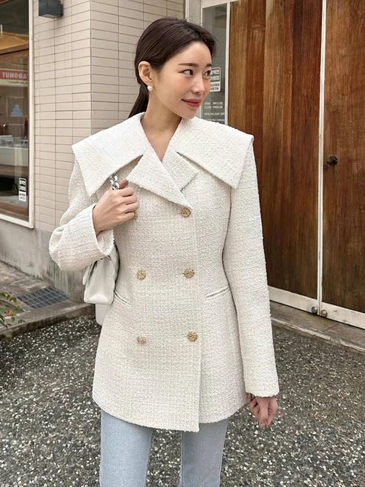 Korean Chic Vintage Tweed Jacket Blazer Coat For Women Small Fragrant Woolen Coats Elegant Fashion Outerwears