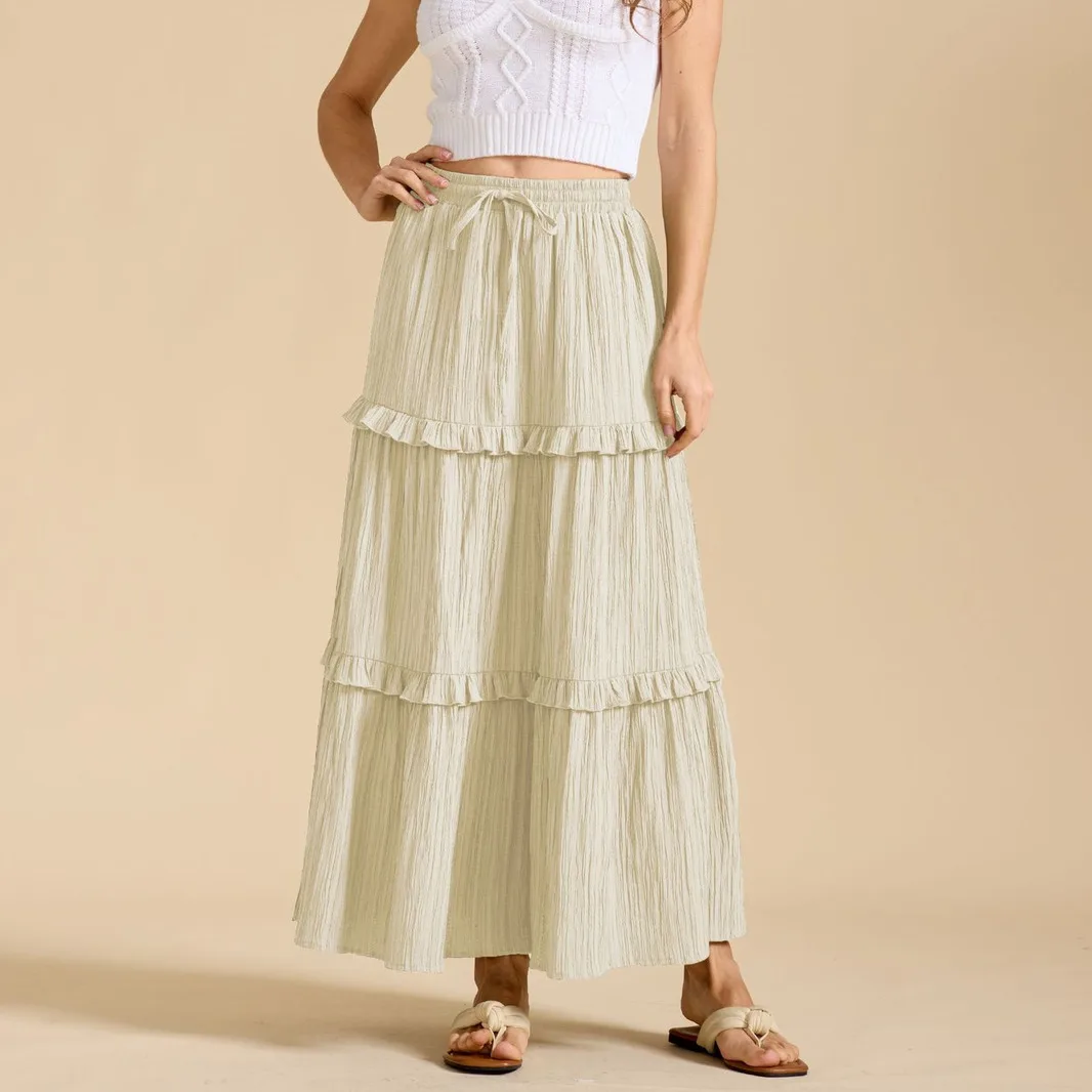 

New In 2025 Spring Summer High Waist Lace-up Long Skirt Female Solid Color Trendy Loose A-line Casual Skirts