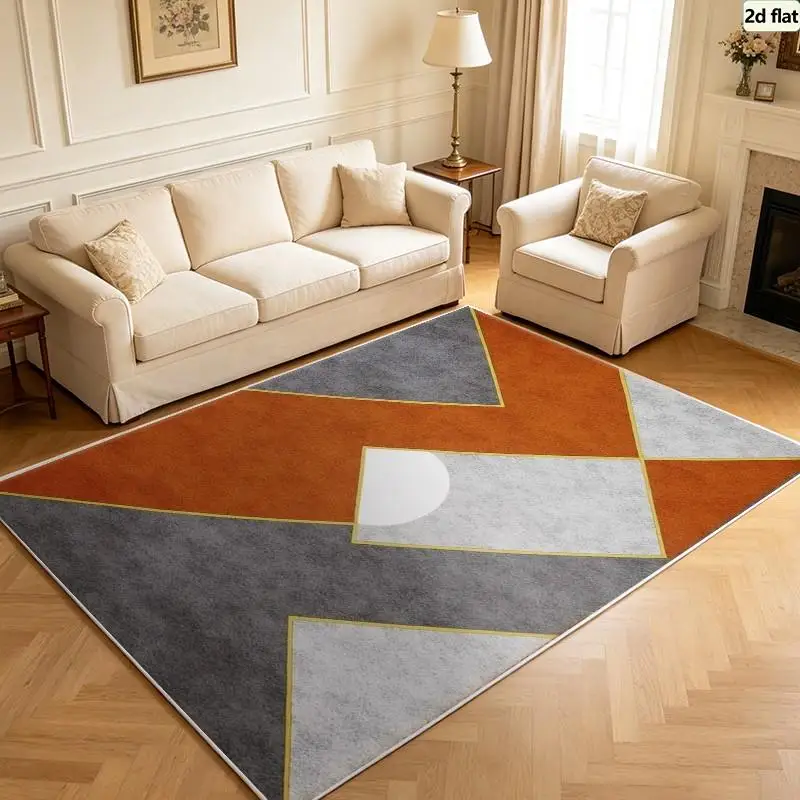 Carpet Flooring Orange Grey Chevron Geometric Square Area Rug Gold Line Inlay Modern Floor Mat Living Room Decor