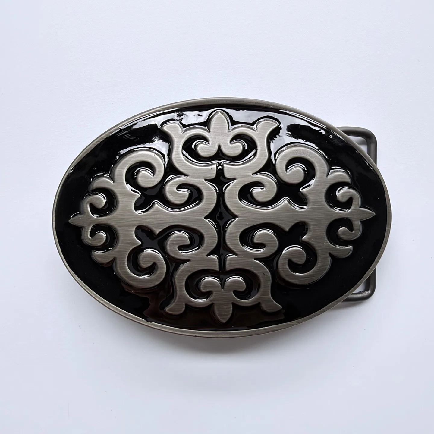 European Vintage Belt Buckle Oval Floral Scroll Black Silver Two-Tone Mens Retro Belt Accessories BUCKLE-WG023