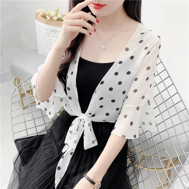 Fashion Dot Print Chiffon Cardigan Thin Outer Jacket Women\'s Sunscreen Shawl Summer Blouses Neck Guard Cloak Sun Scarf R14