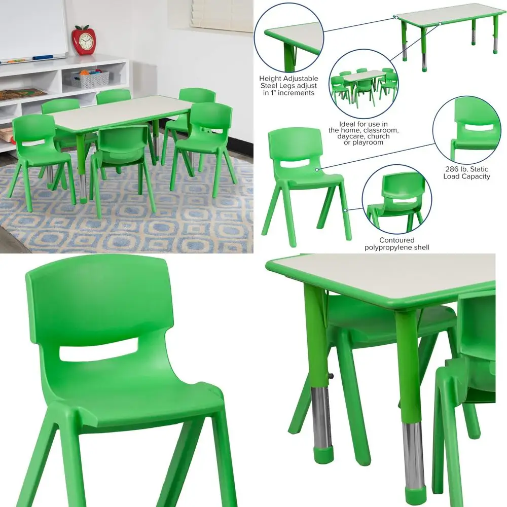 طاولة أنشطة بلاستيكية خضراء طويلة بعرض 23.625 من إيما وأوليفر مع 6 كراسي