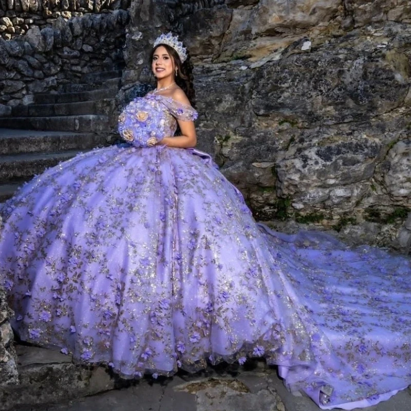 

Lavender Sweetheart Ball Gown Quinceanera Dresses Gold Sequin Appliques Lace Flower Beads Tull Birthday Party Gowns Vestidos De