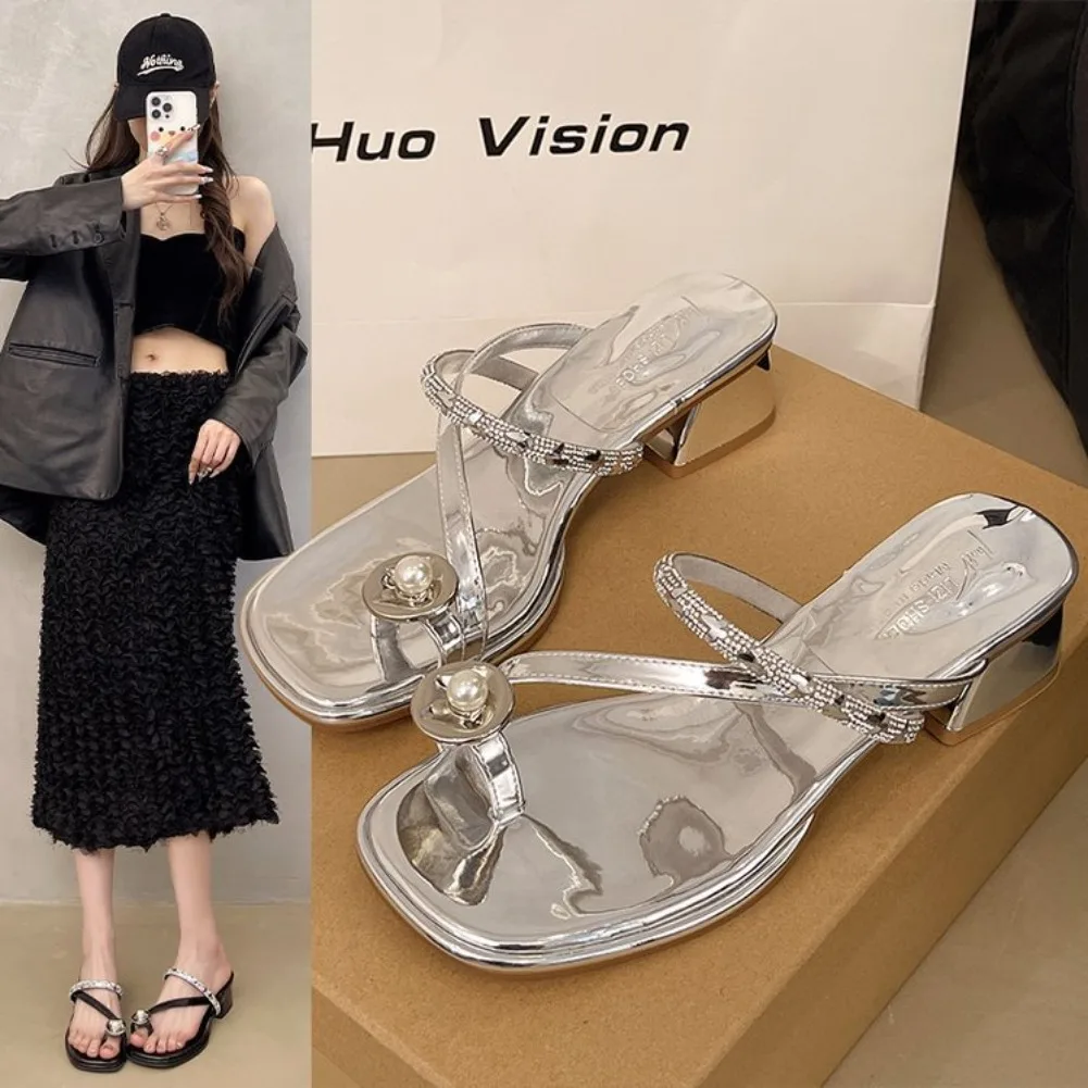 

Luxury Crystal Women Slippers Square Toe High Heels Sandals 2025 Designer Chunky Slingback Shoes Pumps Flip Flops Zapatos Mujer
