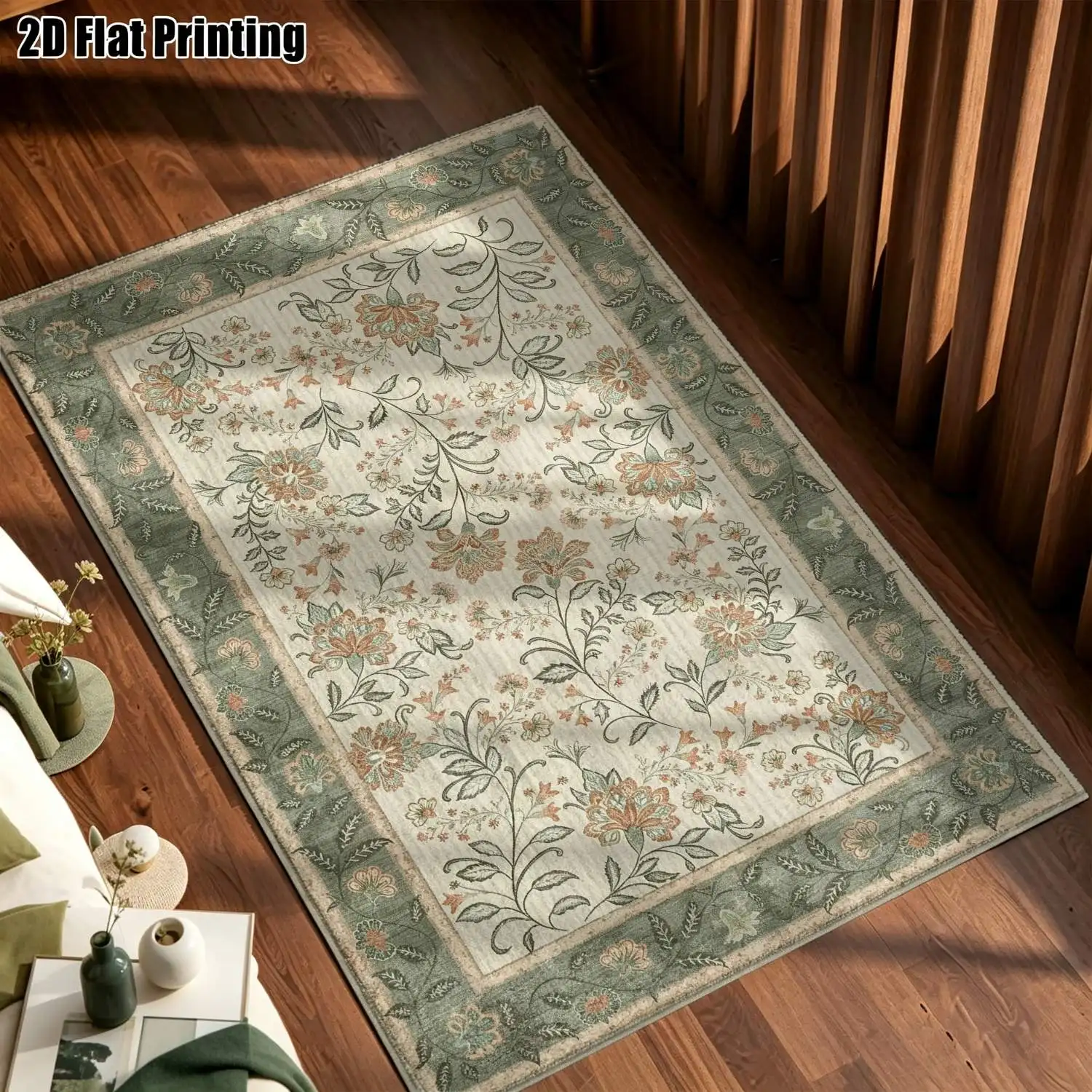 1Pc 2D Printed Carpet: Beige Floral & Leaf Patterns, European Vintage, Modern Minimalist, Instagram/Nordic Style, Geometric, Machine Washable, Multi-Size, Home Decor for Living Room, Bedroom, Dining Room, Entrance, Study