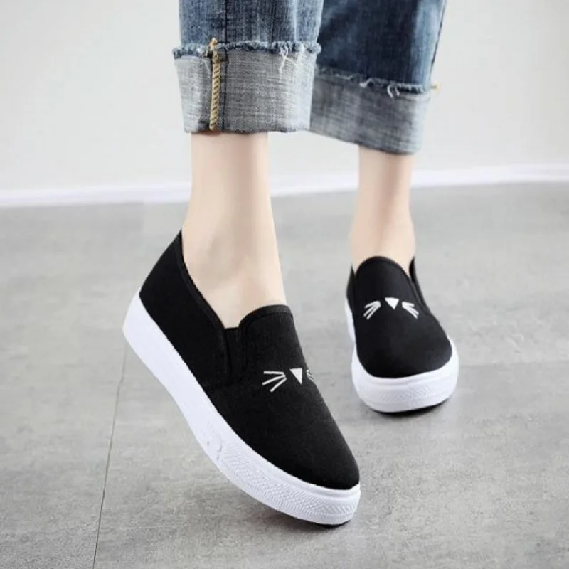 Sapatos Femininas Women Cute High Quality White Platform Canvas Shoes Lady Casual Black Spring & Summer Slip on Flat Shoes A142