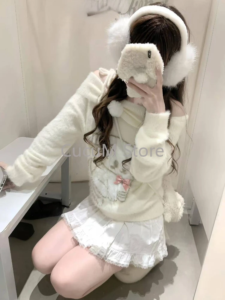 Women White Pullover Knitted Sweater Harajuku Aesthetic Y2k Long Sleeves Sweaters Fashion Vintage 2000s Clothes Chic  2024