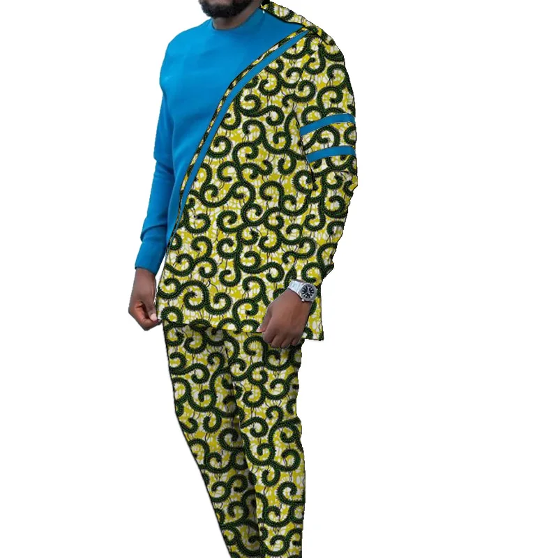 NigWin Styles-Haut patchwork imprimé bleu et avertissement pour hommes, chemises avec pantalons, vêtements de fête de mariage pour hommes, mode africaine