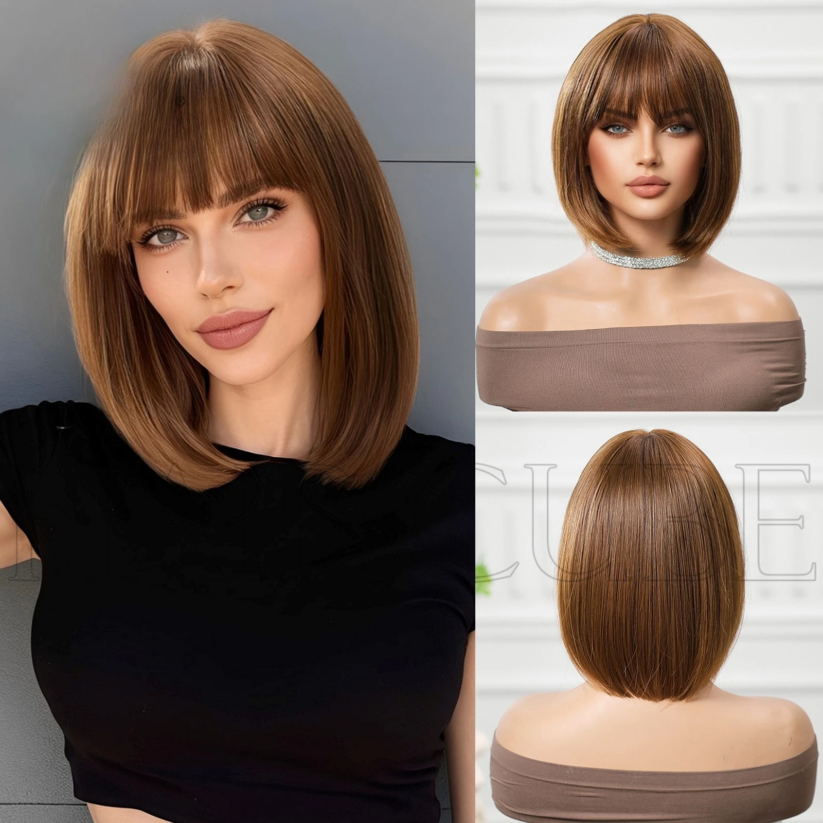 

European and American style with bangs brown burgundy shoulder length BOBO short straight hair wig full headgear