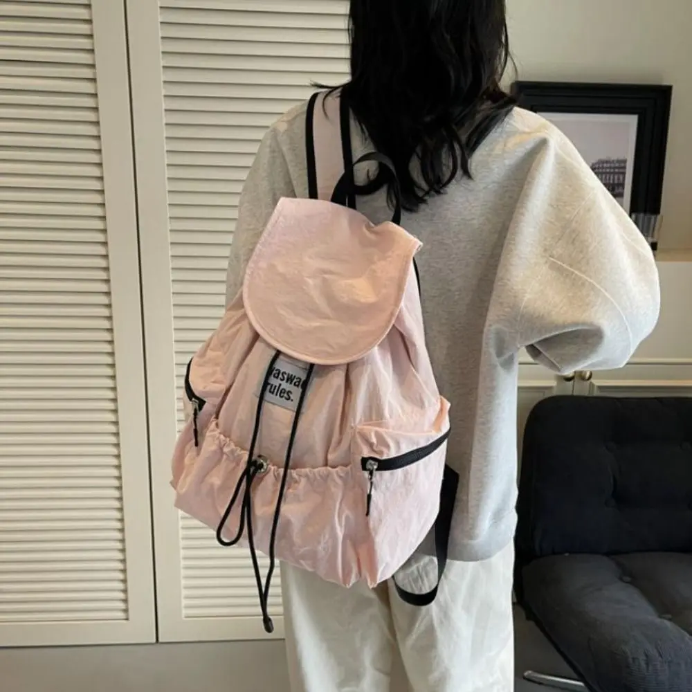 

Simple Solid Color Drawsting Backpacks Light Weight Large Capacity Ruched Shoulder Bags Casual Nylon Student Schoolbag Travel