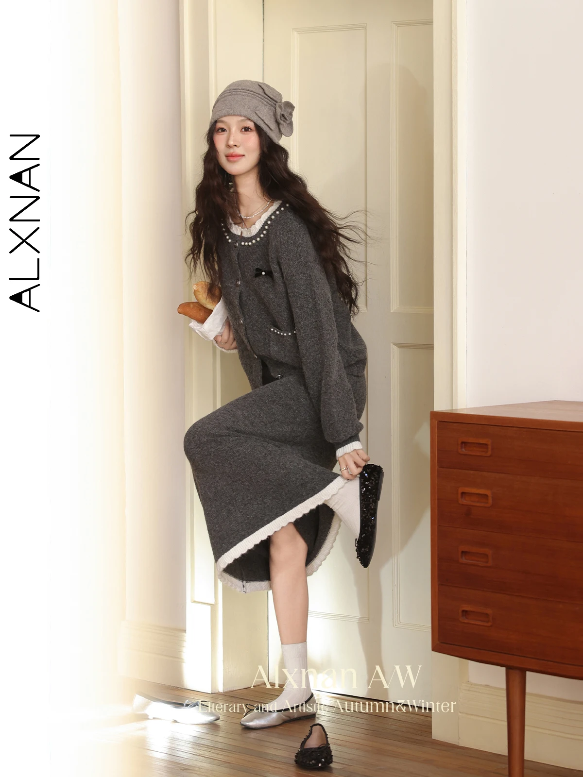 Alxnan plus size saia feminina cinza escuro a linha cintura elástica saias longas 2025 outono inverno elegante roupas femininas d08853bsq
