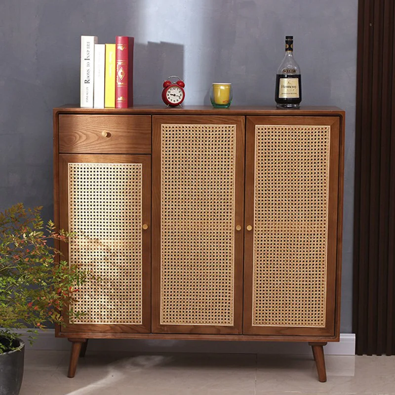 Vine woven shoe cabinet, minimalist, modern walnut color living room, home use, wall storage, entrance hall, solid wood porch