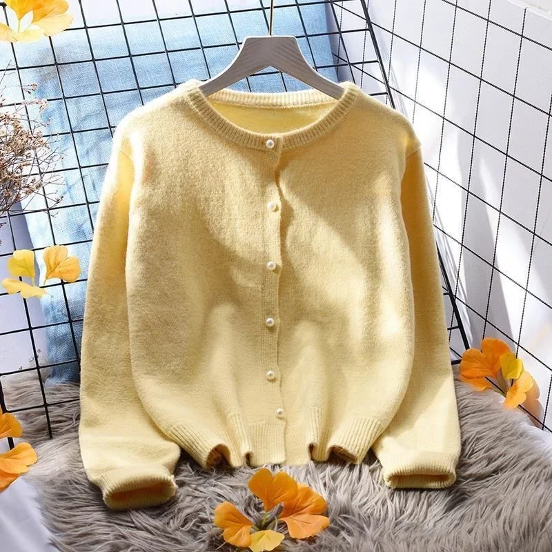 Yellow Knitted Sweater Women Short Cardigan Spring Autumn Fashion O-Neck Long Sleeve Knit Tops Ladies Jumper