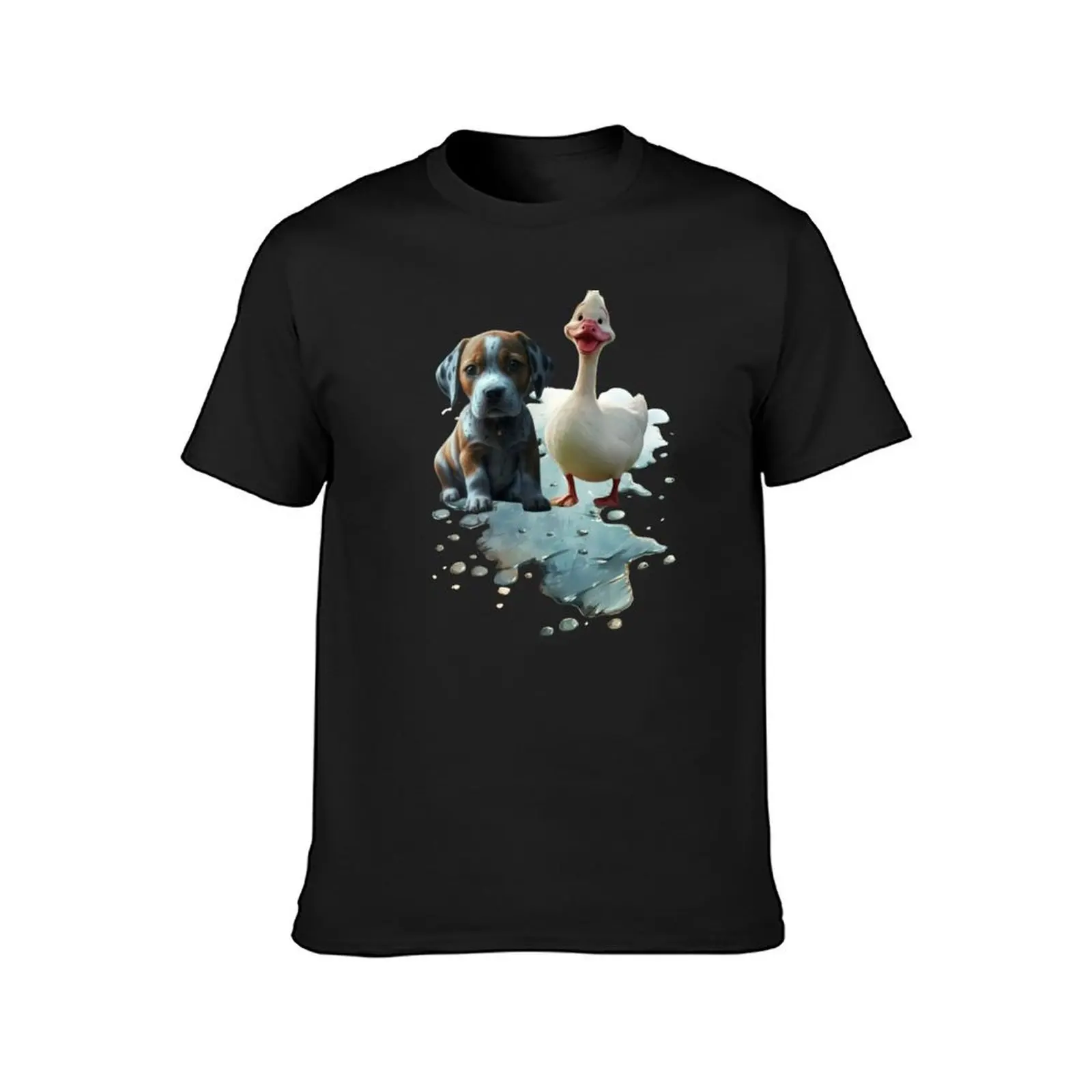 A sad dog and a cheerful duckling in a puddle of water T-Shirt cute clothes aesthetic clothes mens white t shirts