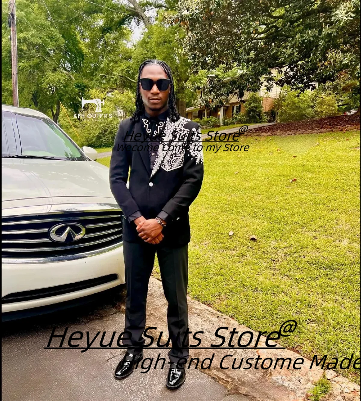 

Customized Black Beads Embellished Groom Wedding Tuxedos Slim Fit Notched lapel Men Suits2Pcs Sets Male Prom Blazers Ropa Hombre