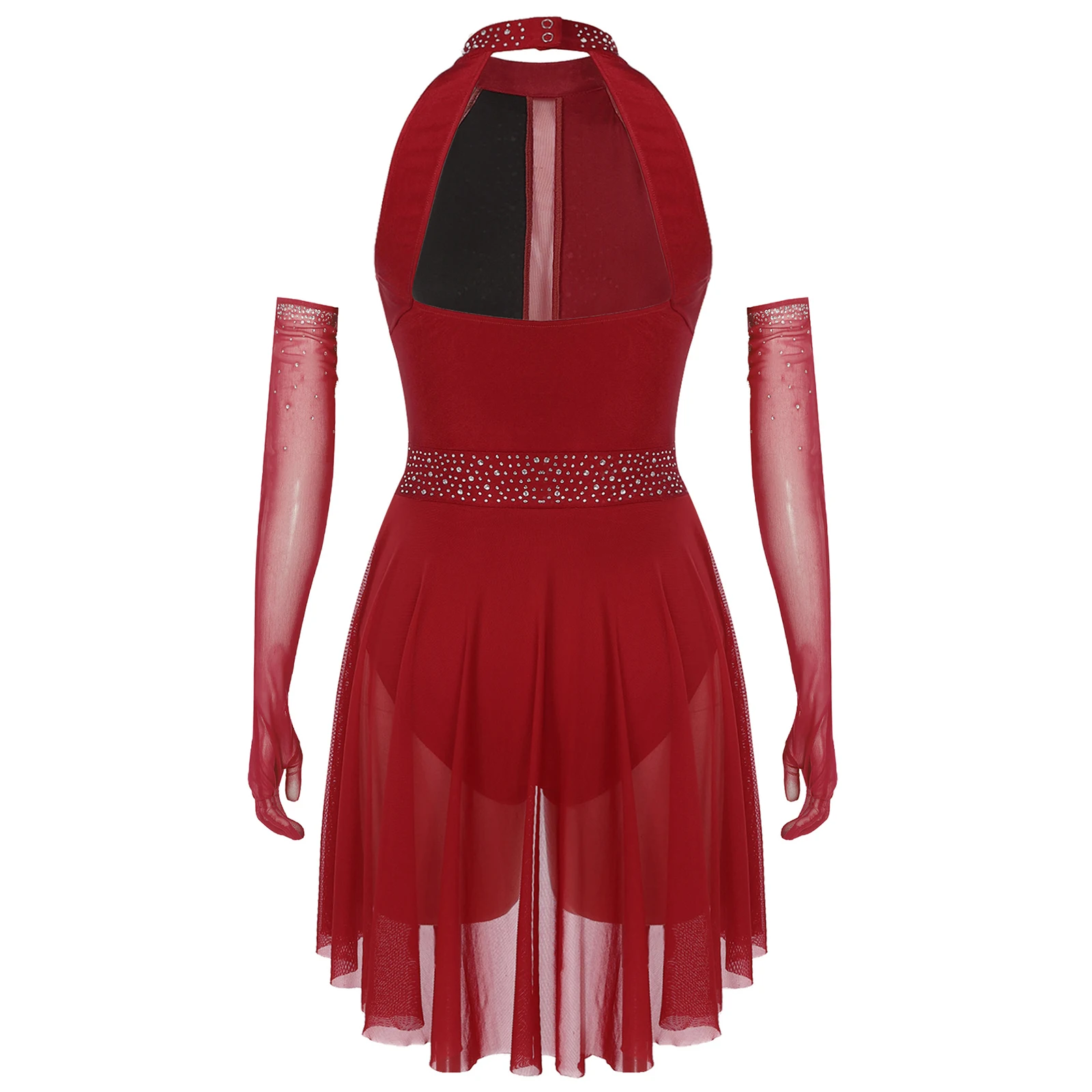 Vestido feminino brilhante com strass, vestido de dança moderna latina com luvas, ginástica, collant artístico, patinação artística, trajes de performance