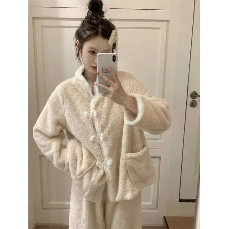 Neo-chinese Style Pajamas Women  Autumn and Winter Coral Fleece Extra Fleece and Thick Slouchy Student Loungewear pijamas