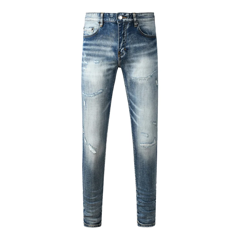 Men Light‑Blue Vintage Gradient Washed Scratch Ripped Skinny Jeans, Distressed Faded Denim Pants, Mid‑Waist Stretch Slim‑Fit Str