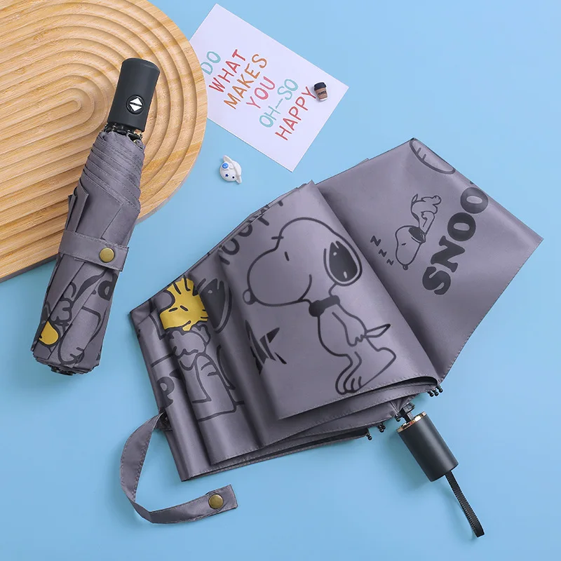 Guarda-chuva Dobrável Automático Snoopy com Desenho Animado, Revestimento Preto Anti-UV, À Prova de Chuva, Portátil e Leve para Uso Diário ao Ar Livre