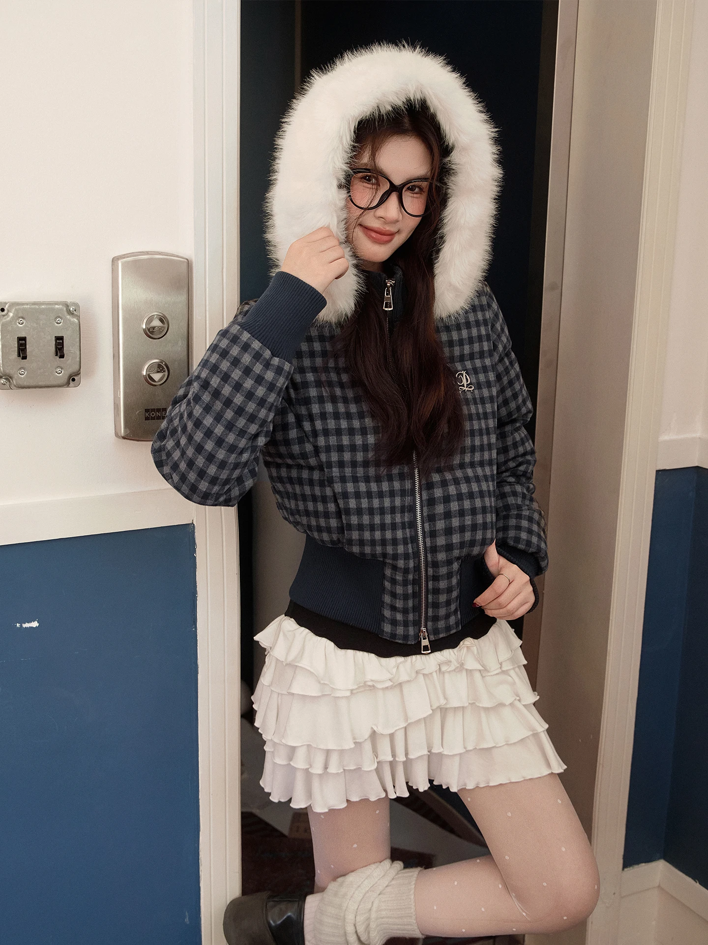 

Blue ey Plaid Hooded Cotton Jaet Women's ort Sle Slimming Winter Coat Baitiao Original Korean Sle Fur Collar