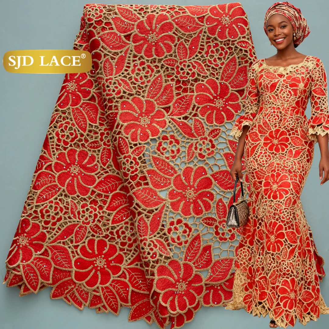 

SJD LACE African Guipure Cord Lace Fabrics 2025 High Quality Nigeria Cord Stones Water Soluble Lace For Women Party Dresses 4569