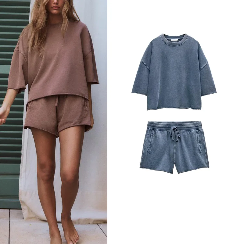 

Spring New Arrival Fce Sweatirt ort Sve Ribbed Wa Effect Waist ort Pants Women's Casual Sportswear Set