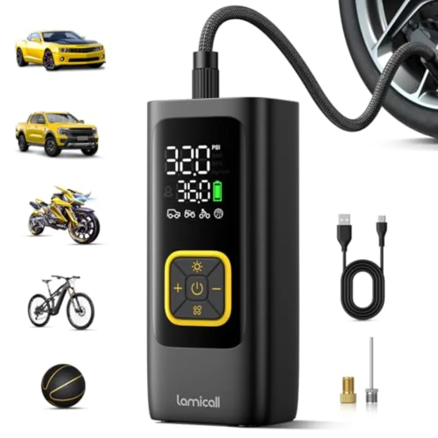 

Car Tire Inflator Portable Air Compressor - [4X Faster][150 PSI] Bike Air Pump, Rechargeable Battery, Pressure Gauge Display, L