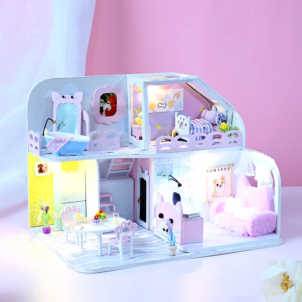 Diy casa de boneca de madeira kit miniatura com móveis led luz casa quarto modelo de brinquedos para adultos crianças presente de aniversário