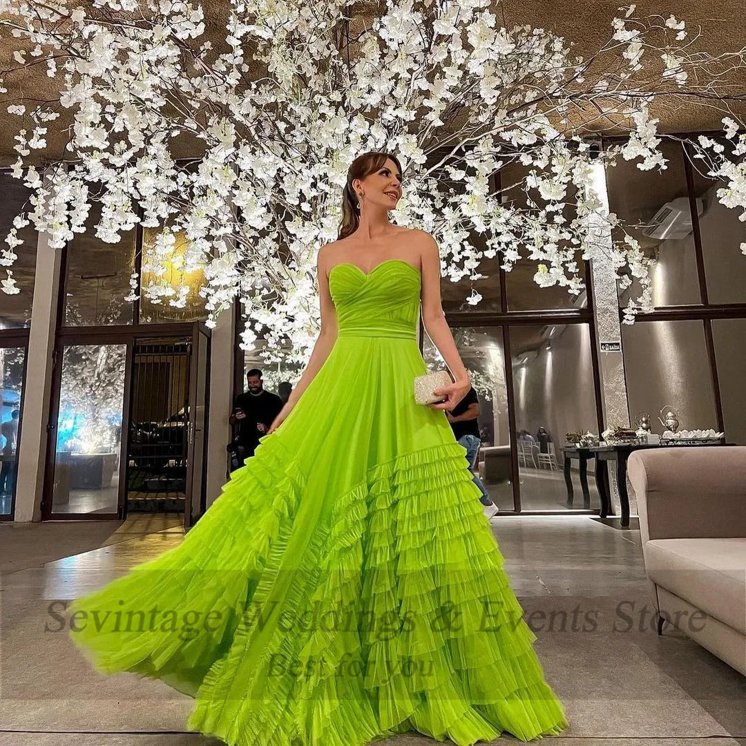 Customized Mint Green Tulle Long Prom Dresses A  Line Sweetheart Tiered Women Formal Gowns Floor Length Evening Party Gown 2023