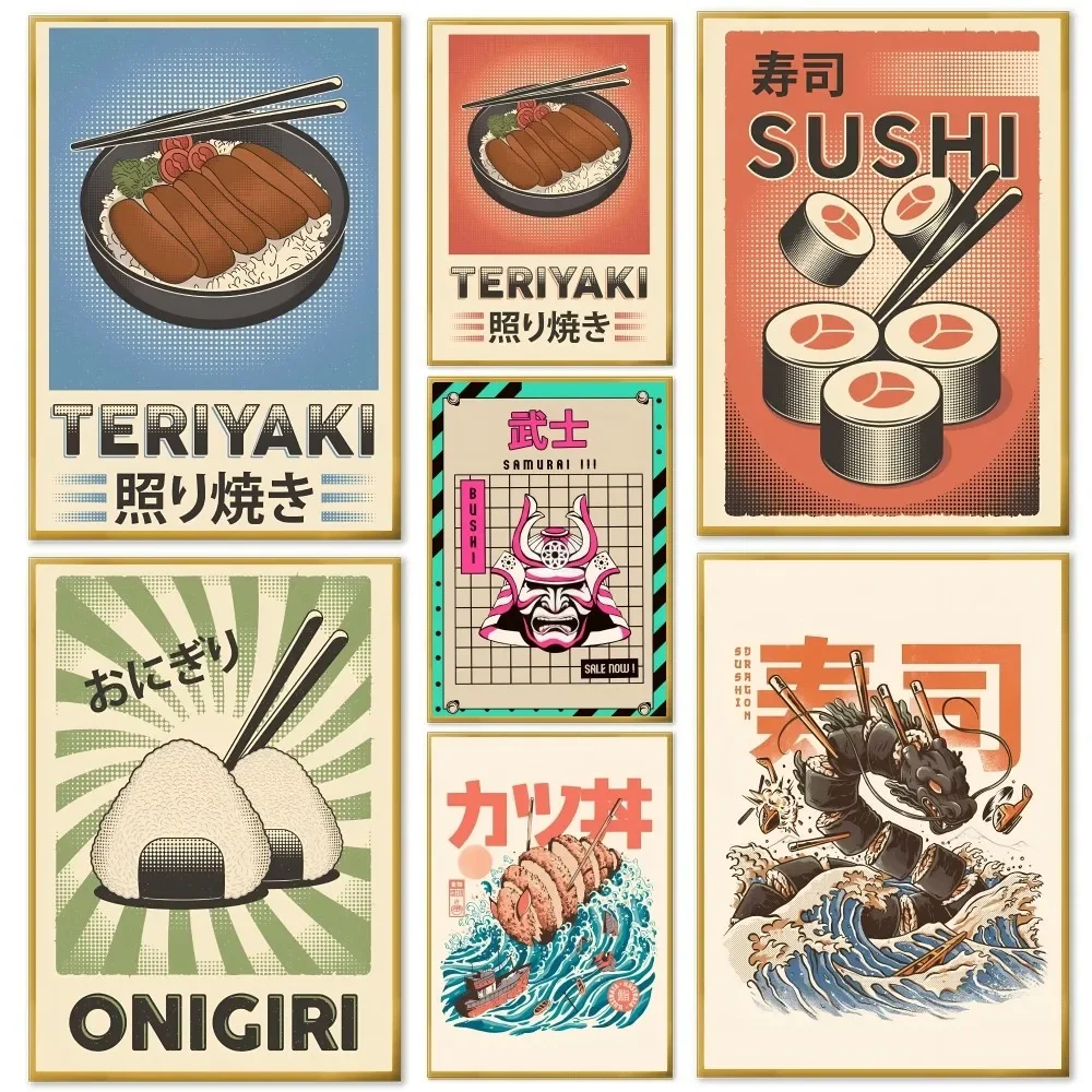 Japanische Sushi Ramen Sashimi Teriyaki süße Katze Poster selbstklebende Kunst wasserdicht Papier Aufkleber Kaffee Haus Zimmer Wand Dekor