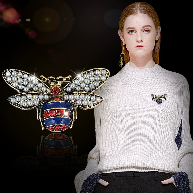2 Colors Choose Rhinestone and Pearl Bee Brooches for Women Vintage Jewelry Fashion Insect Pin High Quality